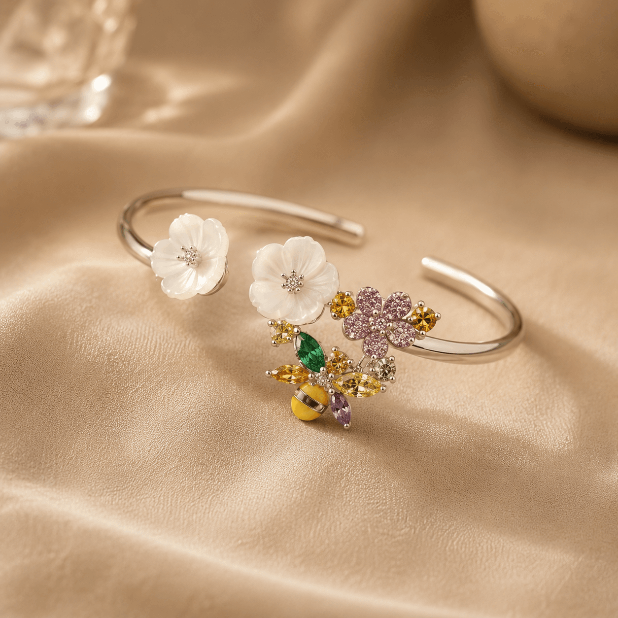 Noor-e-Chandi 925 Pure Silver Women’s Cuff Bracelet – Mother of Pearl Floral & Multicolor CZ Garden Band