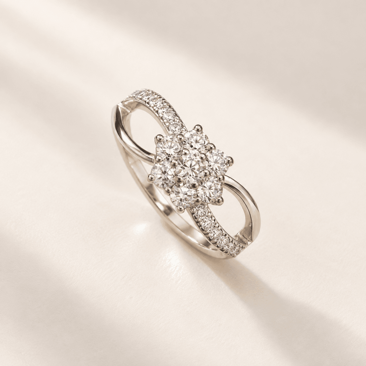 Silver Floral Cluster Split Shank Ring in 925 Sterling Silver | Noor-e-Chandi