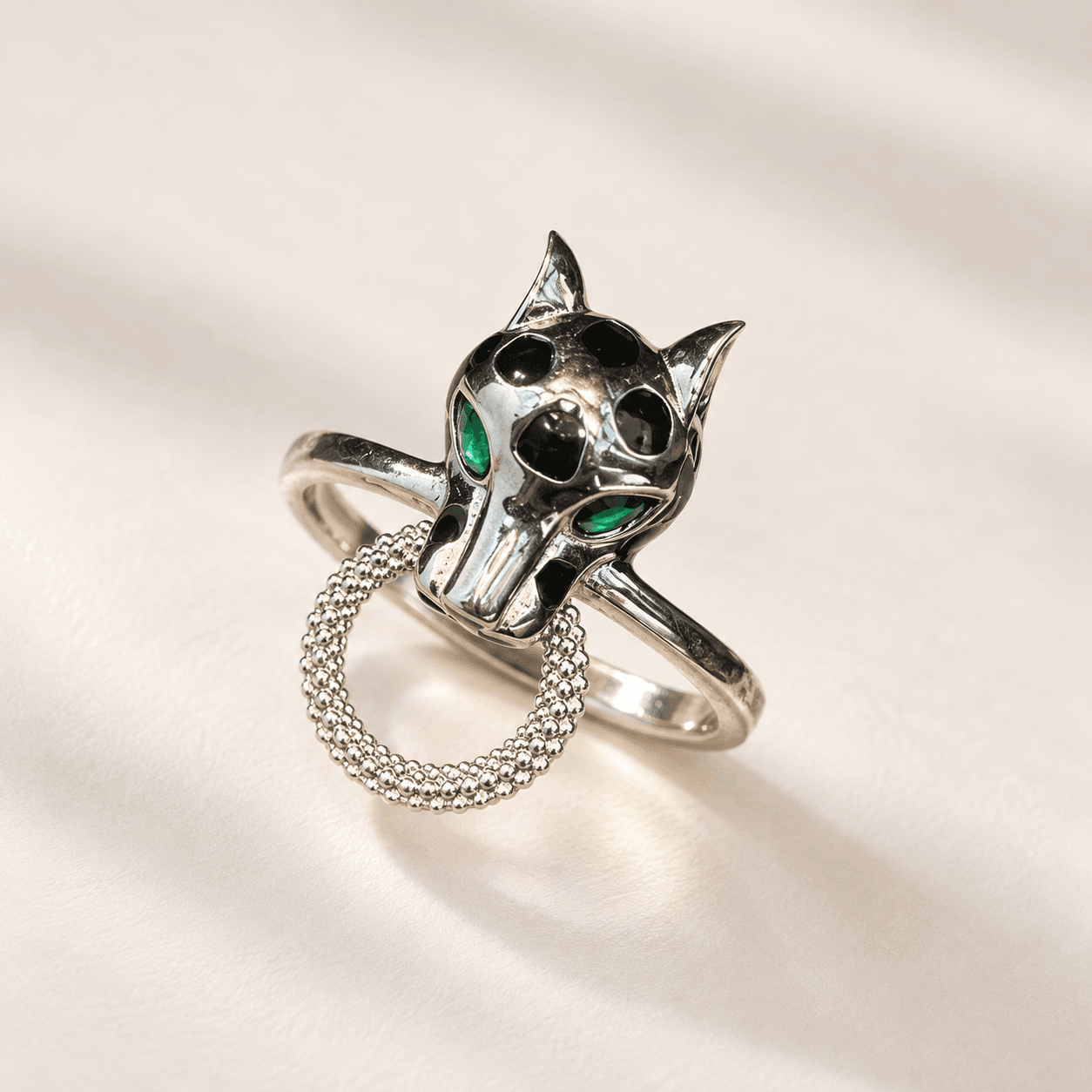 Silver Panther Green-Eyed Statement Women's Ring in 925 Sterling Silver | Noor-e-Chandi