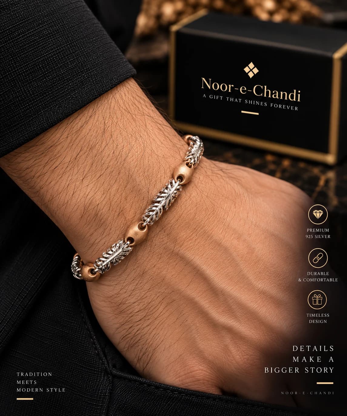 Noor-e-Chandi — Imperial Leaf Dual-Tone Bracelet