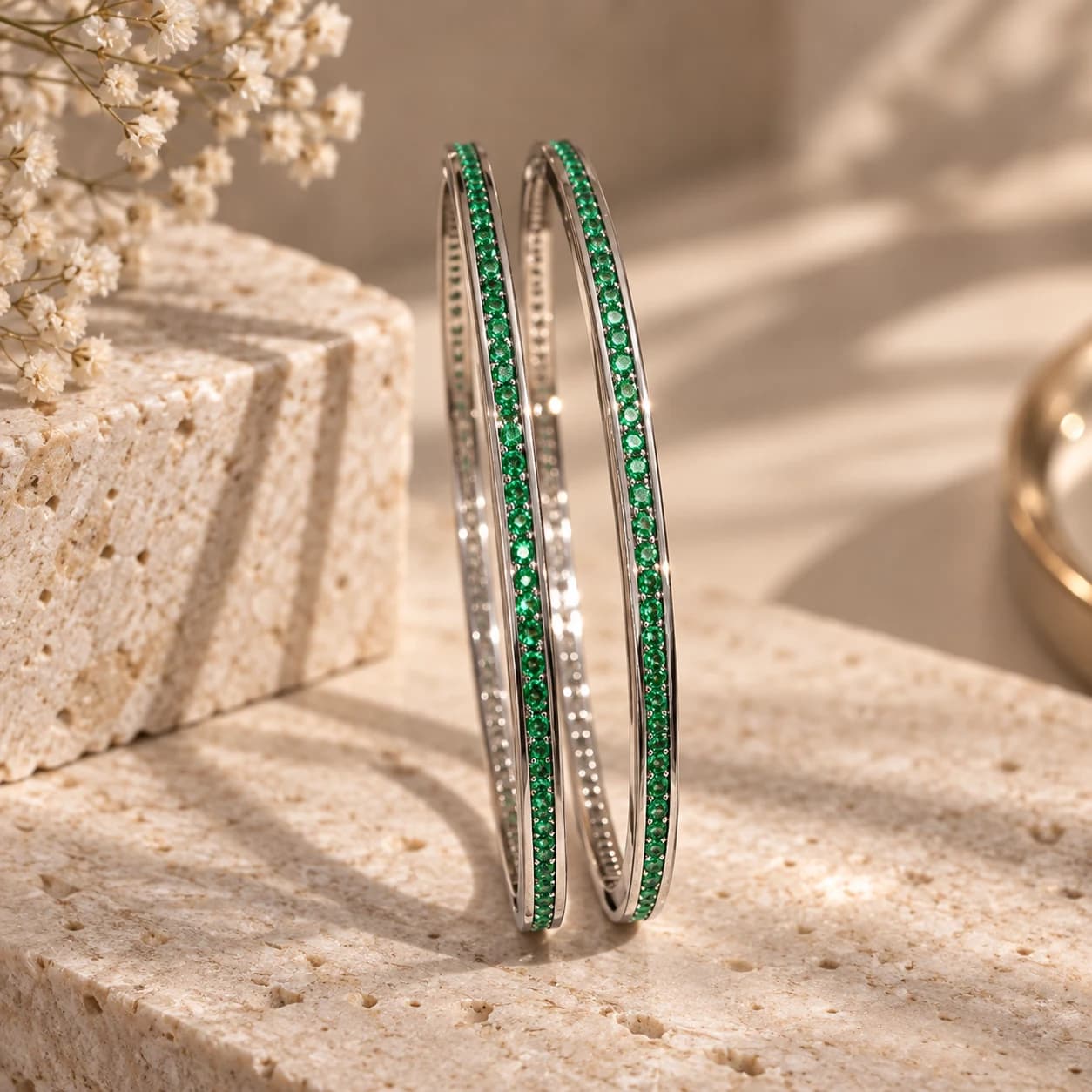Silver Emerald Green Eternity Bangles Set of 2 in 925 Sterling Silver | Noor-e-Chandi