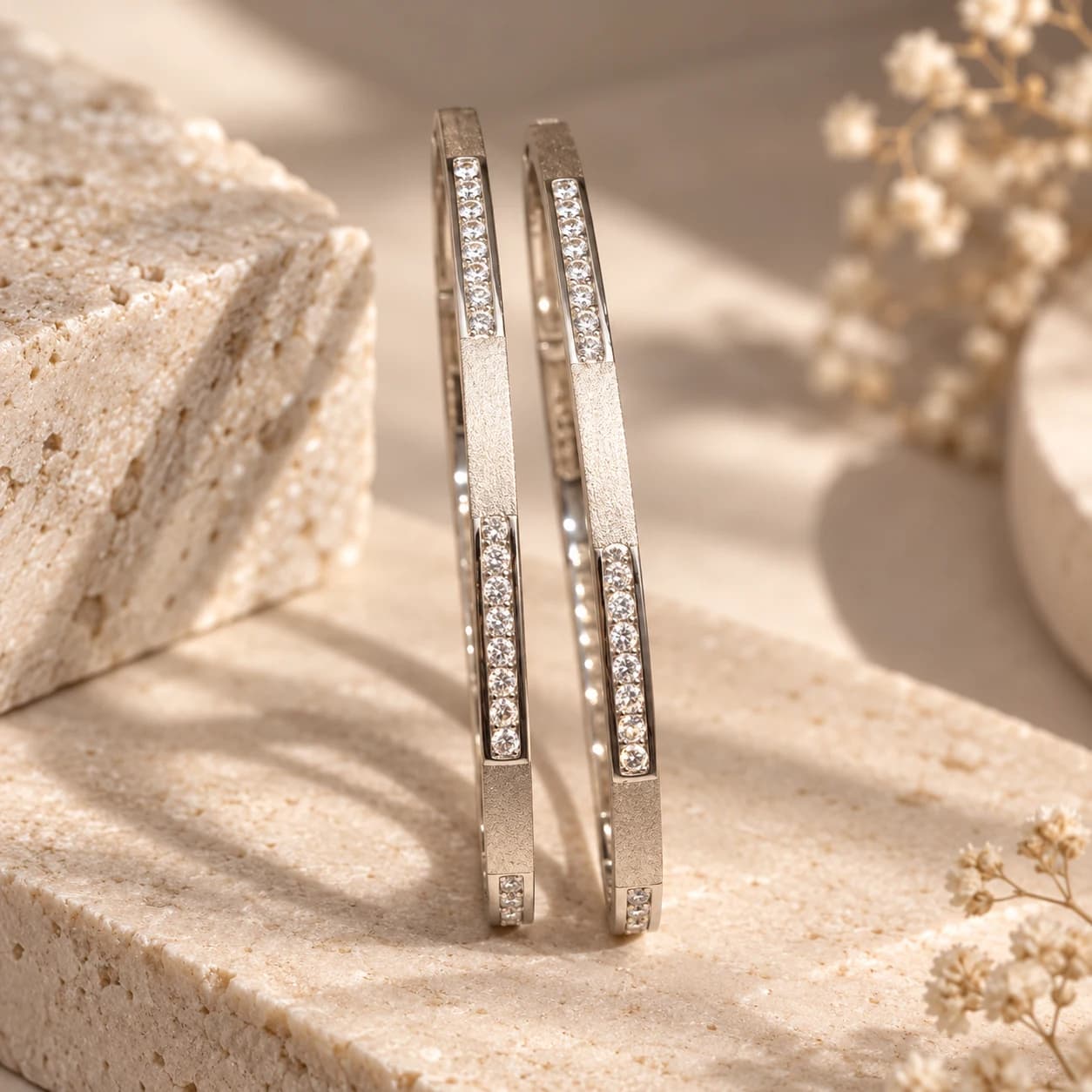 Silver Frosted Station Zircon Bangles Set of 2 in 925 Sterling Silver | Noor-e-Chandi